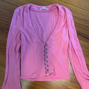 Reformation Rose Pink Ribbed Long-Sleeve Button-Up Top